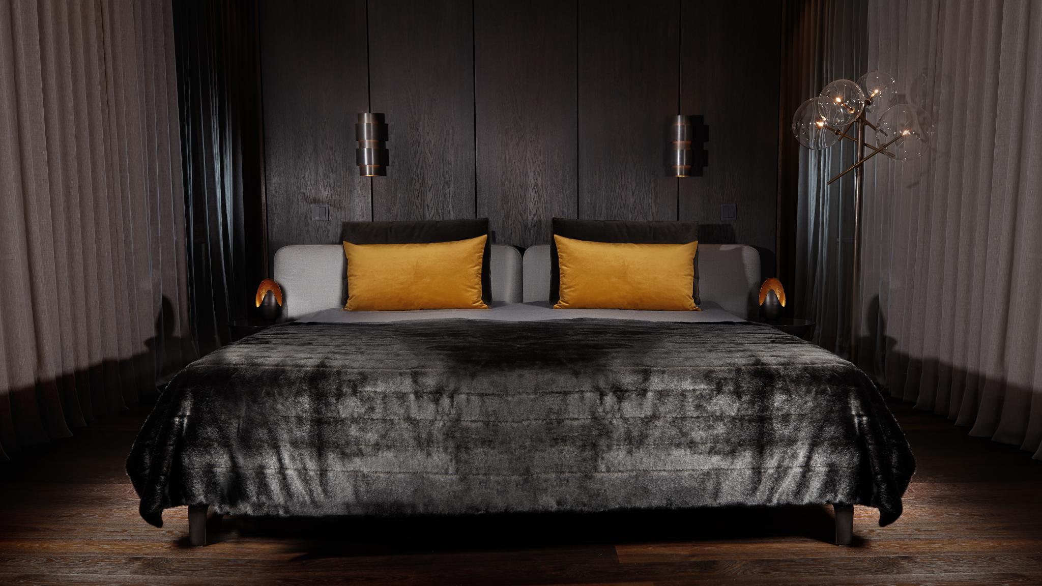 Webpelzdecke Nerzoptik Aspen schwarz extravagant exklusiv edel weich kuschlig glänzend als Tagesdecke für das Schlafzimmer